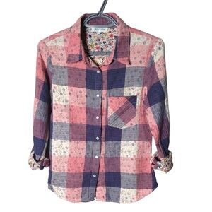 Grace & Lace Coral, Navy and Cream floral plaid button down top - XS -